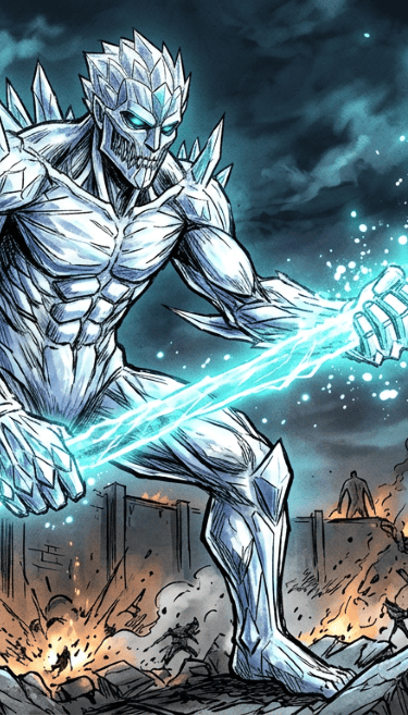Giant ice titan warrior wielding a glowing blue lightning hammer at a stone wall battle scene.