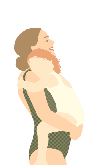 Flat vector illustration of a mother in a green swimsuit holding her toddler in a hug.