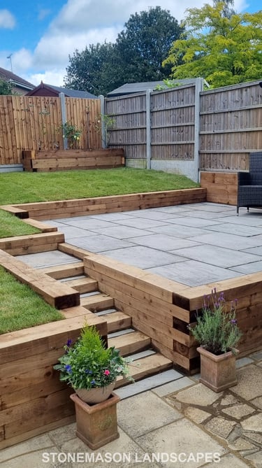 Sleeper Retaining Walls, Planters & Steps With Grey Sandstone Patio & Lawn