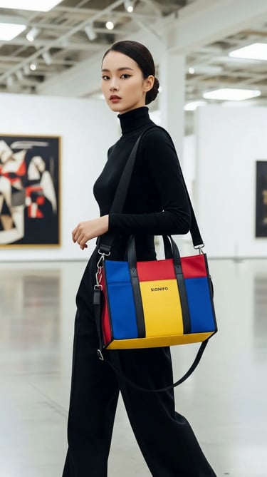 Seorang wanita berpakaian hitam elegan membawa tas SIGNIFO color-block di sebuah galeri seni.
