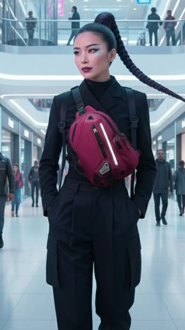 Wanita membawa sling bag fuchsia SIGNIFO yang menyala di tengah sebuah pusat perbelanjaan modern.