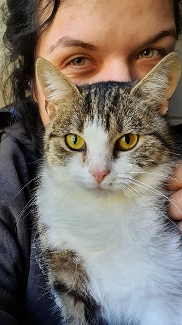 eine Frau mit einer Katze auf dem Schoß