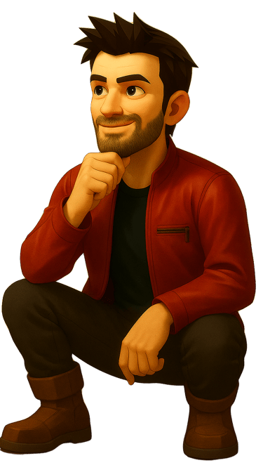 Rob Phillimore AI avatar kneeling and pondering