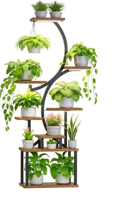plant stand with grow lights holding multiple small plants