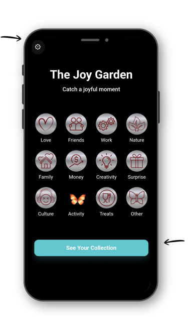 oyering app showing categories and a joyful moment being captured