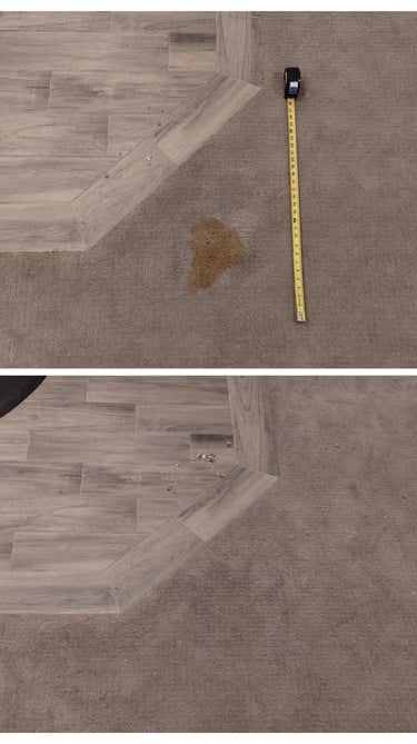 Large stain in patterned berber was removed and a new piece was seamlessly patched in Lindon, UT.