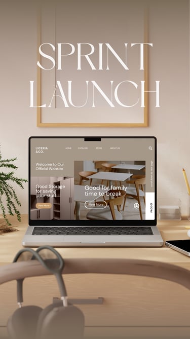 Landing page design mockup on laptop and phone in beige theme, clean visuals with single CTA for lea