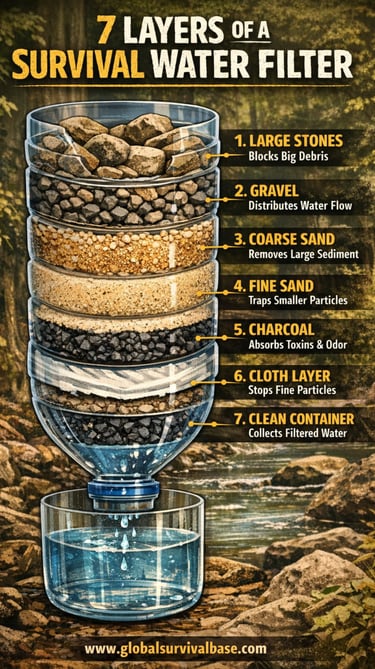 7 layer survival water filter system how to purify water infographic