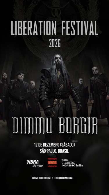 Poster em preto do Liberation Festival 2026 com a data 12 dezembro e o nome da banda Dimmu Borgir.