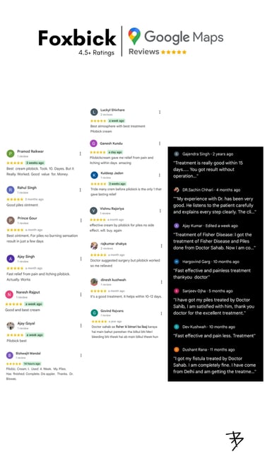 Foxbick Google Reviews — 4.5+ stars, multiple customers praising Pilobick ointment for piles relief