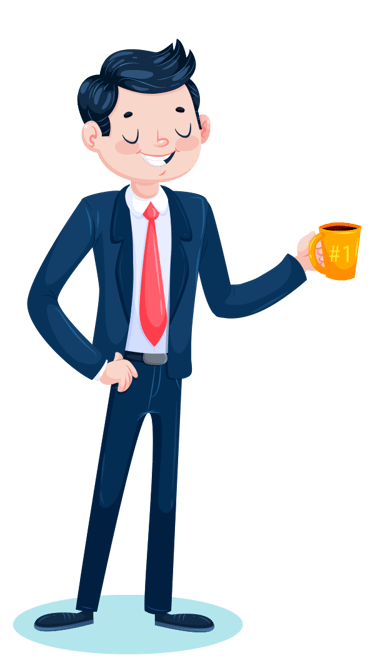 a man in a suit and tie holding a cup of coffee
