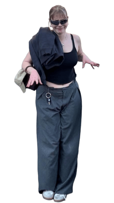 A cutout photograph of a woman, arranged to look like she is dangling from chopsticks.