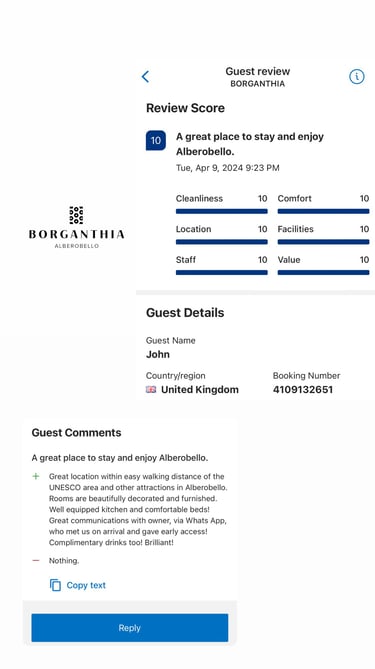 Recensione 10/10 per BORGANTHIA con commenti positivi su comfort e accoglienza.