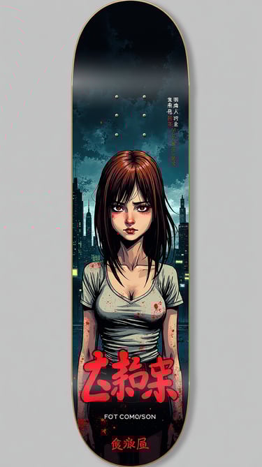 Custom anime skateboard deck featuring a dark-haired girl with red eyes and a city skyline background.