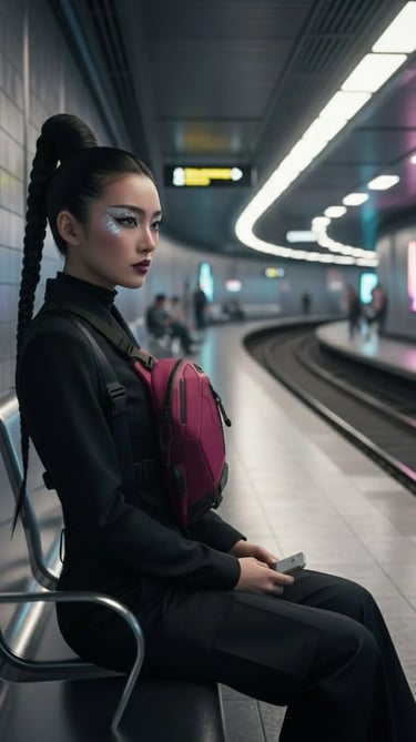 Wanita dengan tas SIGNIFO fuchsia duduk di peron stasiun subway yang modern dan futuristik.