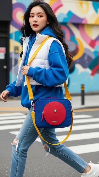 Model dengan gaya street style di Seoul membawa tas selempang SIGNIFO berdesain lingkaran merah.