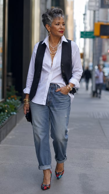 stylish older confident looking woman in classy casual clothes