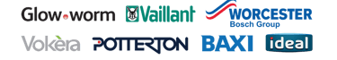 Logos of boiler brands: Glow-worm, Vaillant, Worcester Bosch Group, Vokera, Potterton, Baxi, and Ideal, displayed on a white
