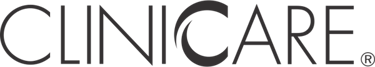 CLINICARE professional skincare brand logo in dark grey text on a black background.