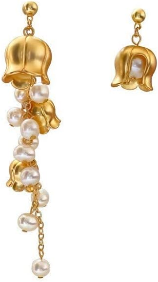 Asymmetric Style: Lily of the Valley Natural Pearl Drop Earrings in 14K Gold