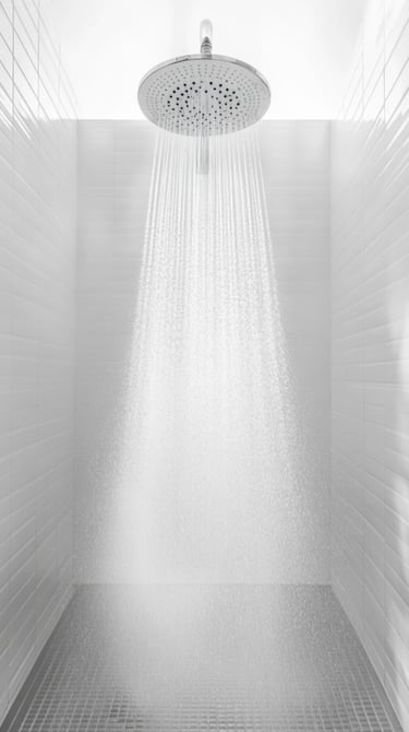 Rain shower head spraying water in a clean white tiled shower