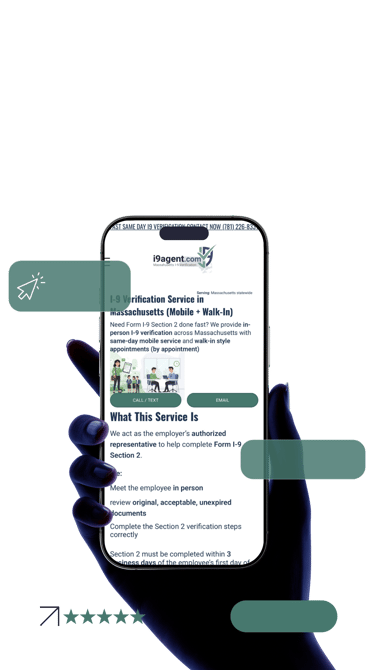 Hand holding a smartphone displaying an I-9 verification service website for Massachusetts mobile appointments.