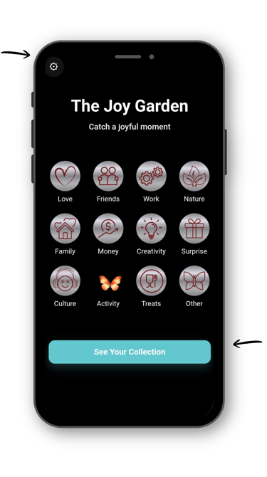 oyering app showing categories and a joyful moment being captured