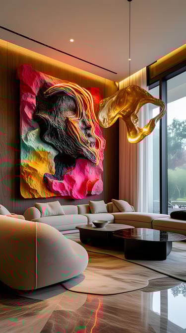 Mural escultórico Volcanic Pulse con acentos dorados — Pedro Alonso Studio.