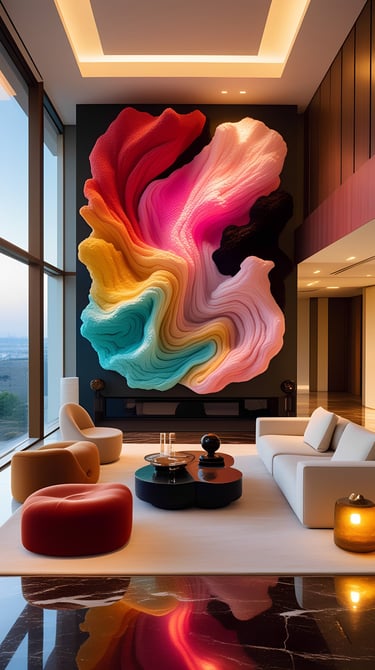 Mural 3D Chromatic Flow en salón de ático contemporáneo — Pedro Alonso Studio.