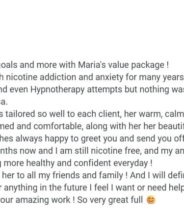 A glowing 5-star review from Jayde B, praising Maria's tailored approach and successful treatment for nicotine addiction and