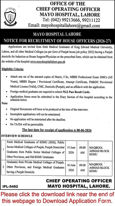 Mayo Hospital Lahore House Officer Induction 2026-27 advertisement for House Surgeons and House Phys