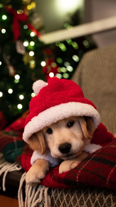 Golden retreiver puppy in a Christmas hat
