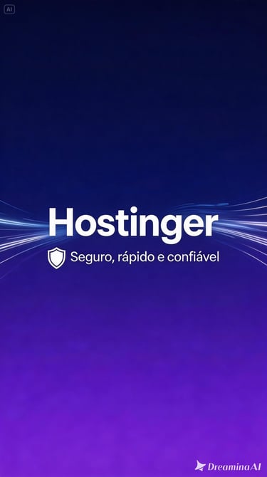 Hostinger web hosting logo on a dark blue and purple gradient background with light streaks.