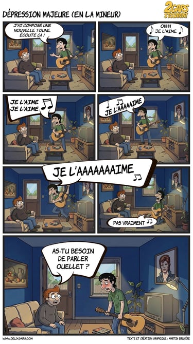 Comic strip of a man playing acoustic guitar for a friend, transitioning from joyful singing to emotional distress.