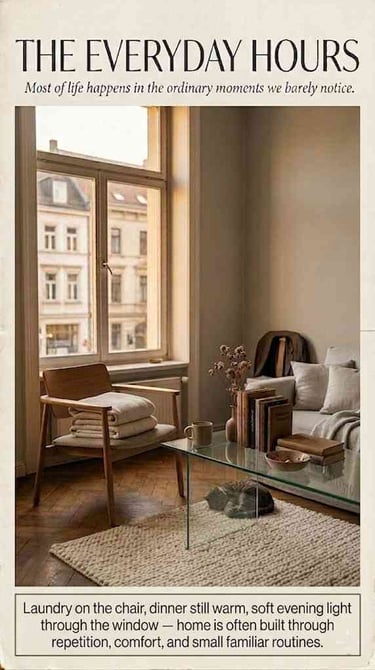 Warm lived-in apartment interior with evening light, folded laundry, books, and quiet everyday home atmosphere