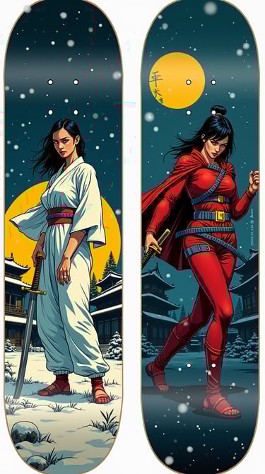 Custom skateboard decks featuring Japanese samurai women in a snowy landscape with katanas.