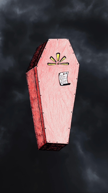 coffin floating against dark clouds