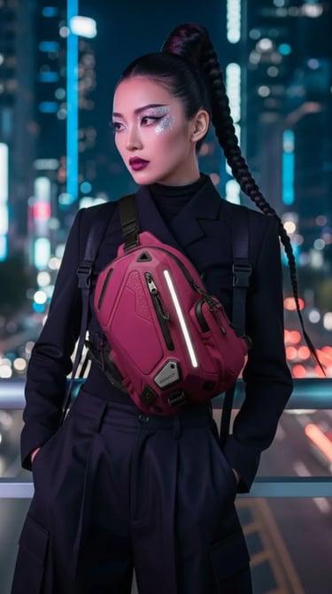 Wanita bergaya futuristik memakai sling bag fuchsia SIGNIFO dengan latar gemerlap kota malam hari.