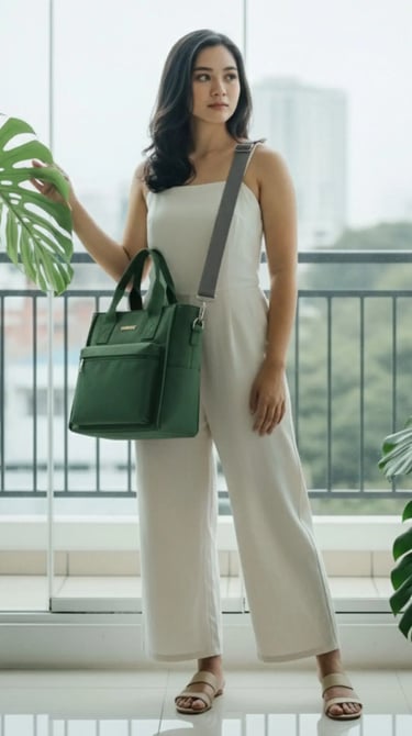 Model dengan jumpsuit putih memegang tas hijau SIGNIFO di samping tanaman monstera.
