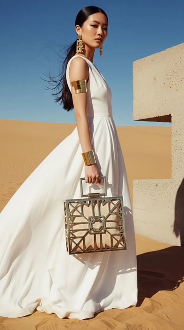 Model wanita bergaun putih dengan The "Aura" Clutch Tote ala SIGNIFO.