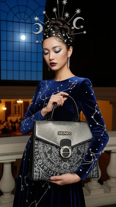 Wanita anggun dengan hiasan kepala bulan & bintang memegang tas SIGNIFO bertema astrologi.