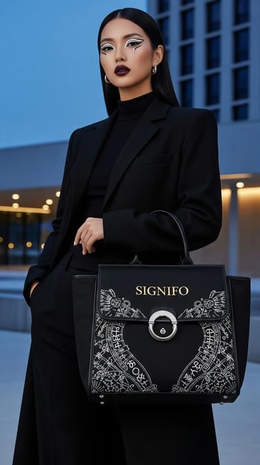 Seorang wanita dengan riasan mata dramatis bergaya "sorceress" memegang tas SIGNIFO hitam.