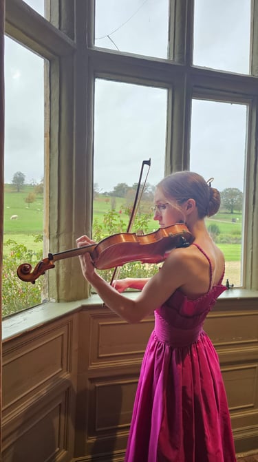 Charlotte Rowan in pink dress, performing in Leicestershire