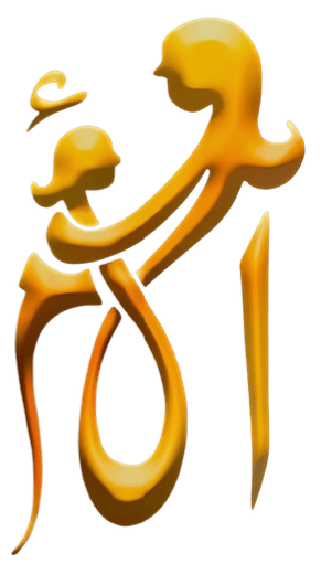 A gold-colored sign in the shape of a mother holding a child (alouum)