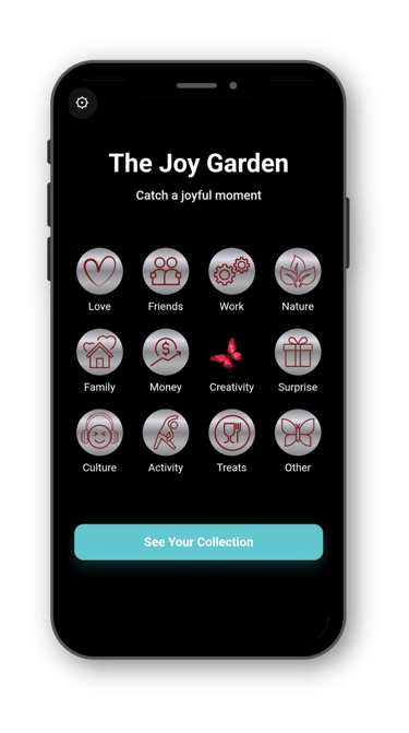 oyering app showing categories and a joyful moment being captured