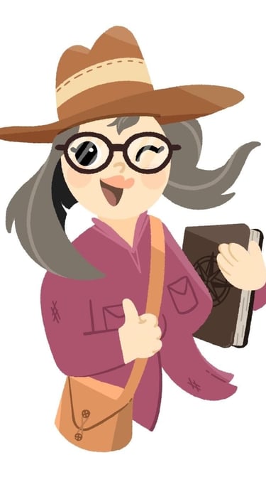 The Book Adventurer in a hat and glasses holding a book