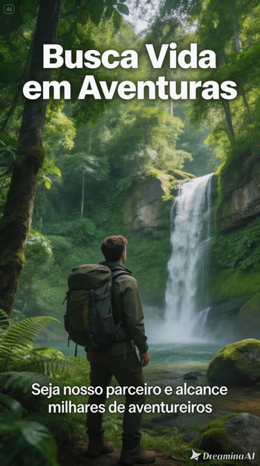 Hiker with a backpack standing in a lush tropical forest looking at a large scenic waterfall.