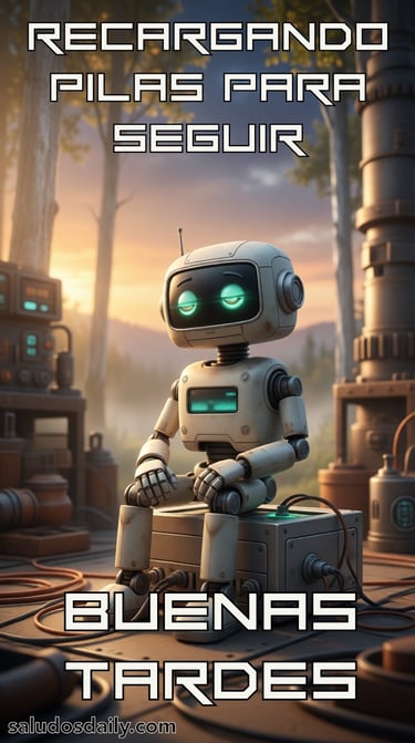 Robot pequeño y amigable recargando su batería a la mitad en un ambiente cálido de tarde