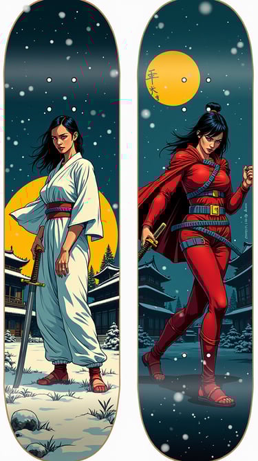 Custom skateboard decks featuring Japanese samurai women in a snowy landscape with katanas.