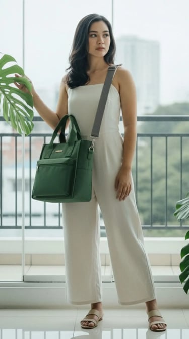 Model dengan jumpsuit putih memegang tas hijau SIGNIFO di samping tanaman monstera.